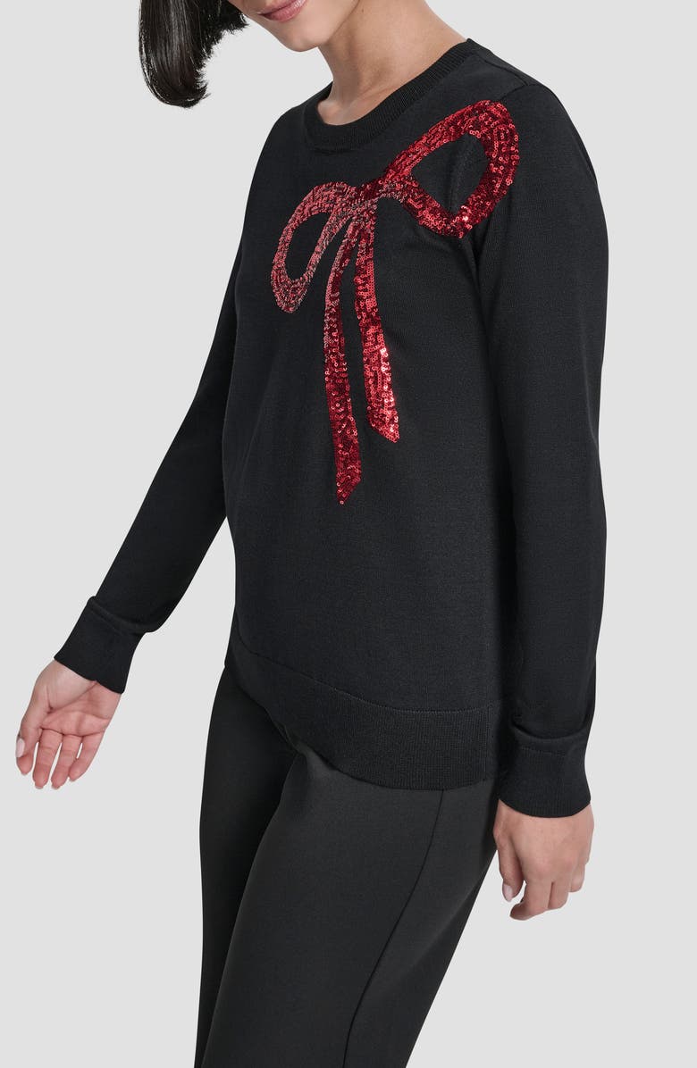 DKNY Sequin Bow Embellished Crewneck Sweater, Alternate, color, Black/ City Crimson