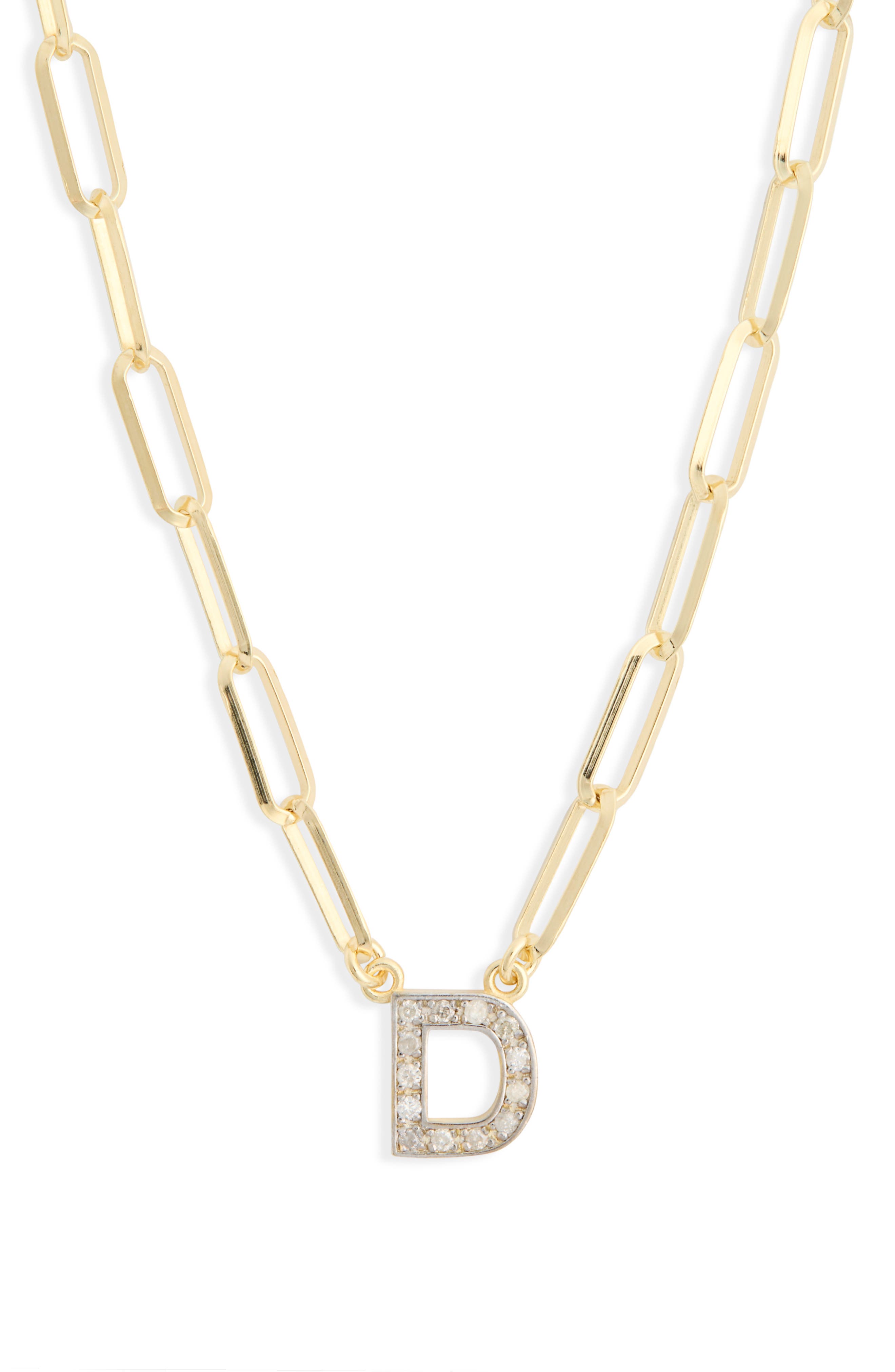 MESHMERISE Diamond Initial Charm Paper Clip Chain Necklace