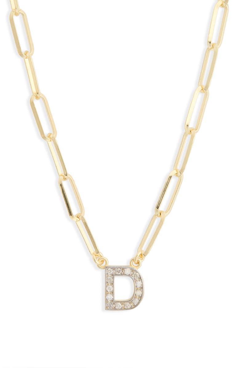 MESHMERISE Diamond Initial Charm Paper Clip Chain Necklace, Main, color, Yellow-D
