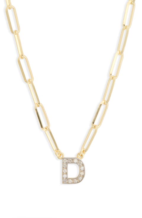 Diamond Initial Charm Paper Clip Chain Necklace