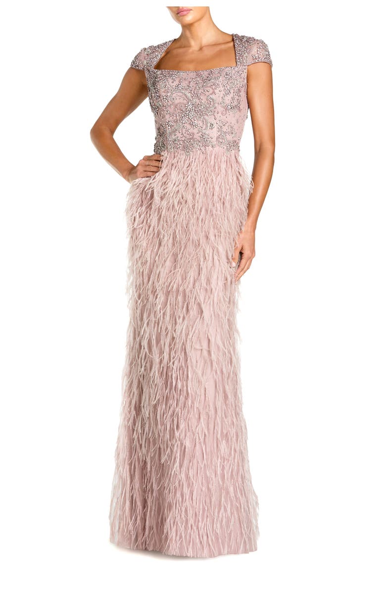 Mac Duggal Embellished Cap Sleeve Feather Gown, Main, color, Mocha