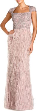 Mac Duggal Embellished Cap Sleeve Feather Gown