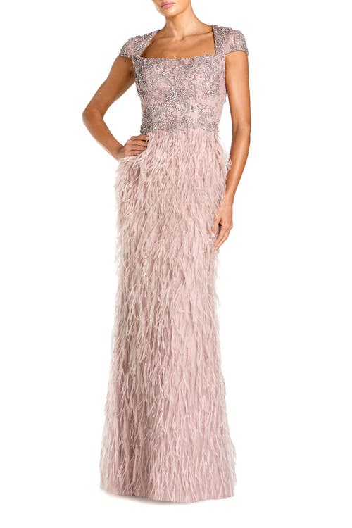 Mac Duggal Embellished Cap Sleeve Feather Gown In Pink