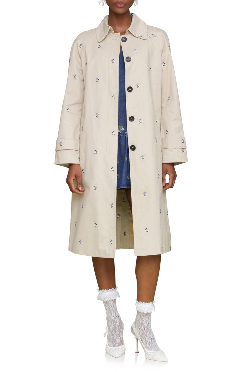 Avec Les Filles Floral Embroidered Trench Coat, Main, color, Light Khaki/ Blue Flower