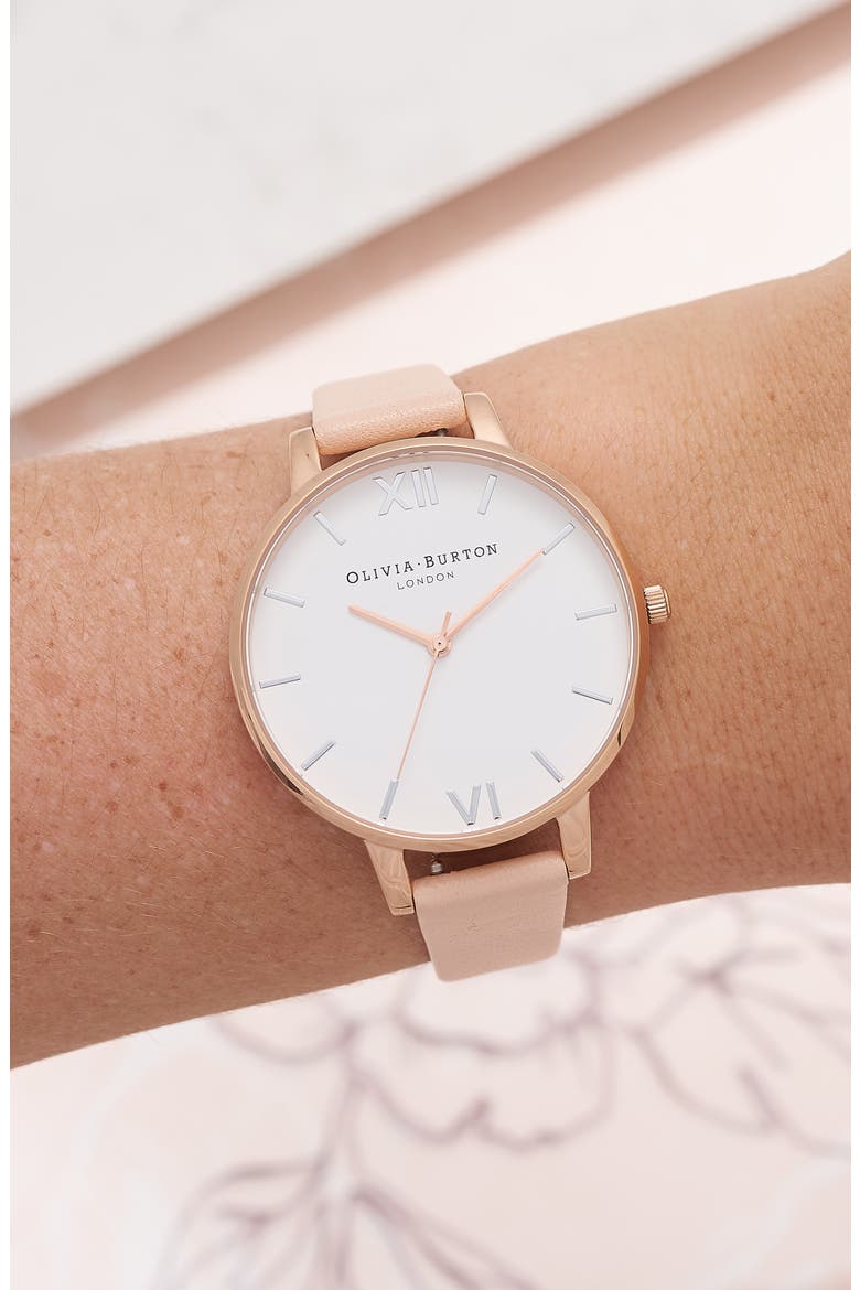Big Dial Leather Strap Watch, 38mm, Alternate, color, PEACH/ WHITE/ ROSE/ SILVER