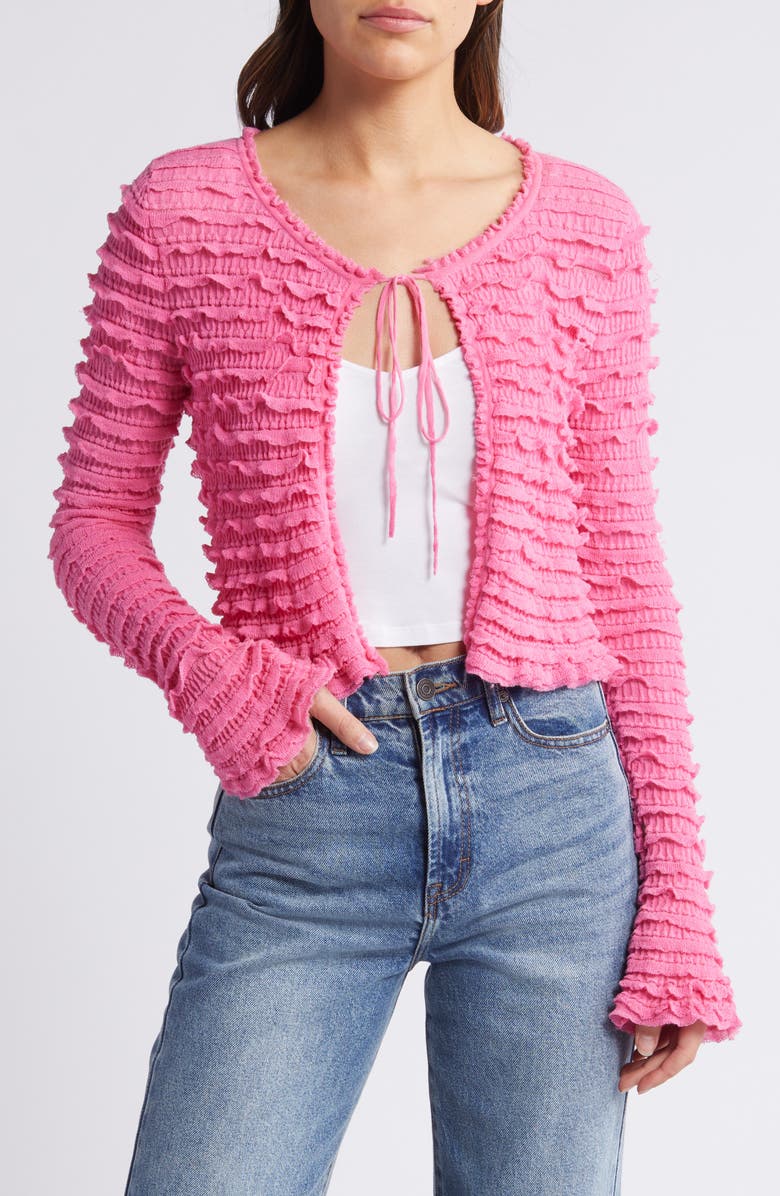 LoveShackFancy Celosia Ruffle Cotton Blend Cardigan, Main, color, 