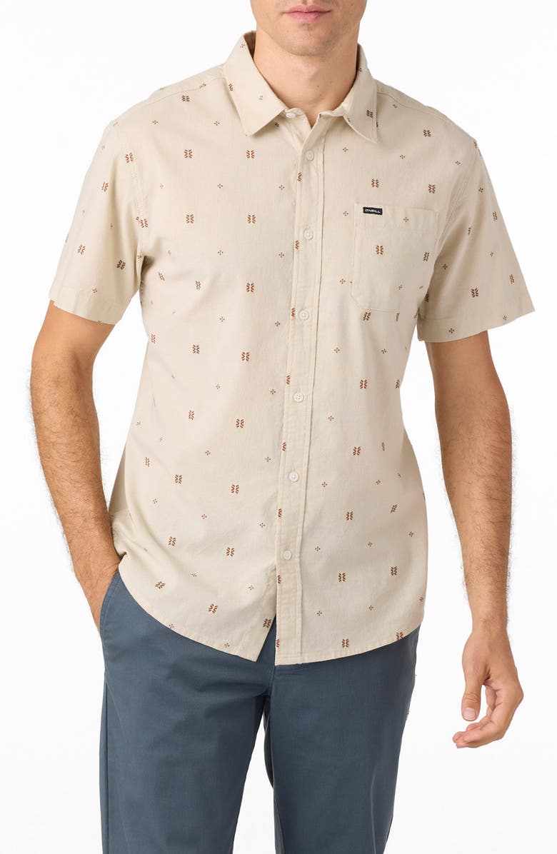O'Neill Shields Geo Pattern Short Sleeve Stretch Cotton Button-Up Shirt, Main, color, 