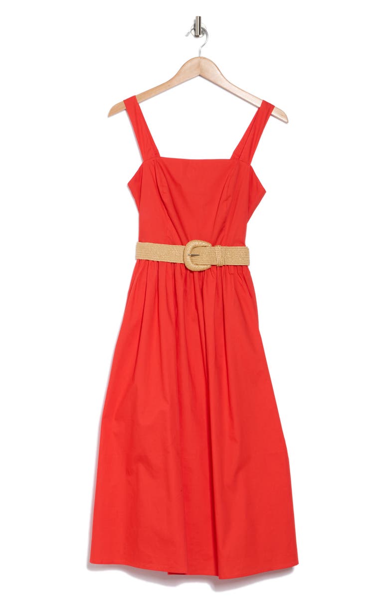 Eliza J Square Neck Belted Cotton Sundress, Alternate, color, Pop