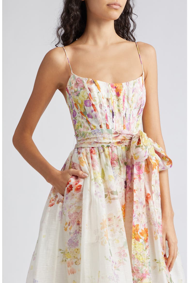Natura Floral Linen & Silk Organza Corset Midi Dress, Alternate, color, KALEIDOSCOPE GARDEN