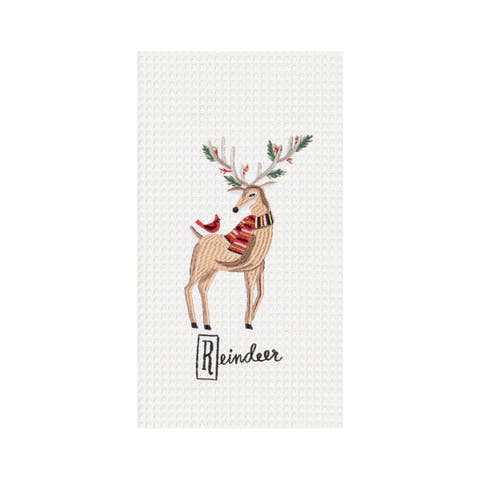 27" x 18" Christmas Winter Class Reindeer Cotton Embroidered & Waffle Weave Kitchen Dish Towel