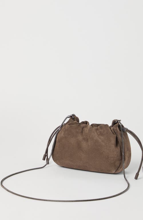 Brunello Cucinelli Soft Suede Drawstring Bag With Chain-link Strap In Taupe