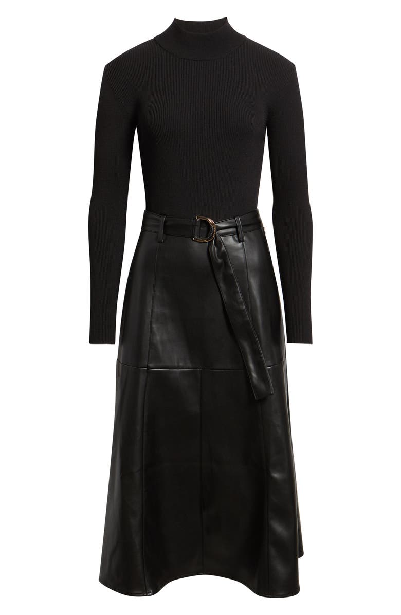 Elie Tahari The Miranda Long Sleeve Mixed Media Faux Leather Midi Dress, Alternate, color, Noir Black