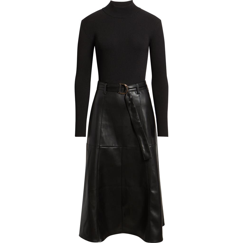 Elie Tahari The Miranda Long Sleeve Mixed Media Faux Leather Midi Dress In Black