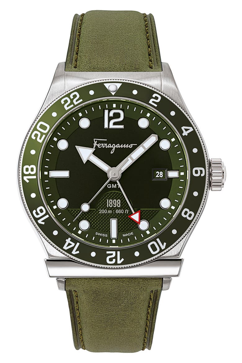 Salvatore Ferragamo Sport Leather Strap Watch, 44mm, Main, color, GREEN/ BLACK/ SILVER