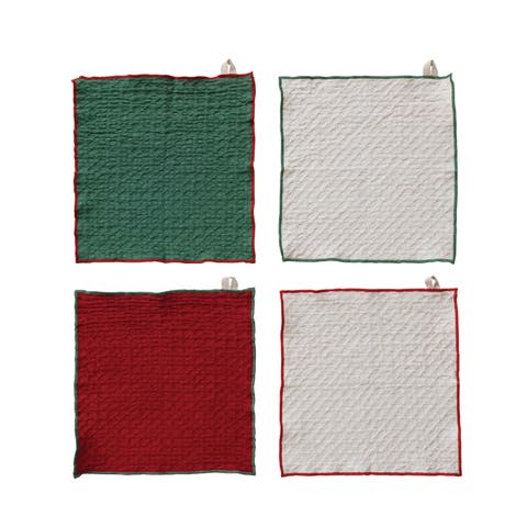 4-Piece Square Waffle Weave Dish Cloths with Colored Stitched Edge, Natural, Green and Red