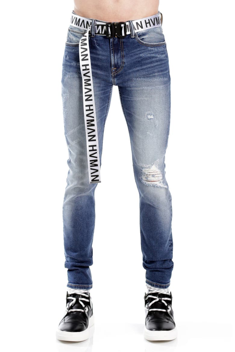 Belted Stretch Skinny Jeans, Main, color, BALTIC