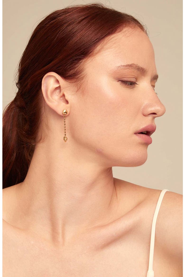 18K Gold-Plated Earrings with Dangling Chain and Small Hearts, Alternate, color, Gold