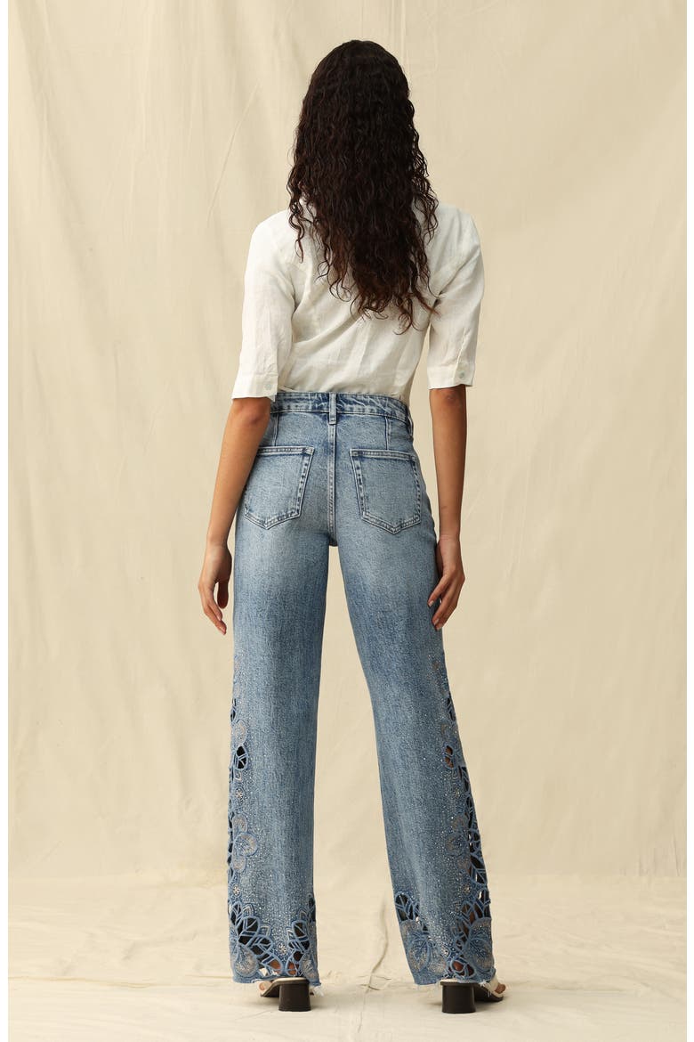 Floral Embroidered Raw Hem Wide Leg Jeans, Alternate, color, LIGHT BLUE