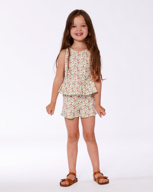 Deux Par Deux Little Girl's Printed Tank Top With Flounce Small Flowers On White Background In Small Flowers On White
