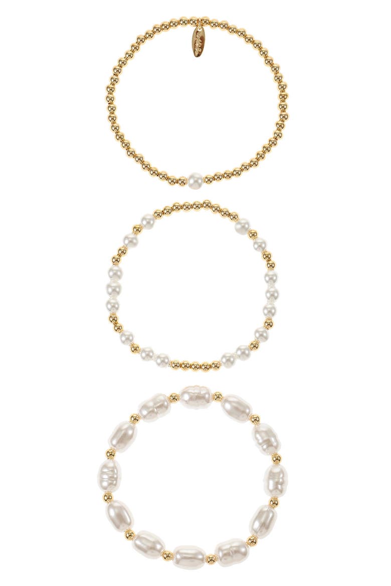 Set of 3 Imitation Pearl Stretch Bracelets, Main, color, GOLD