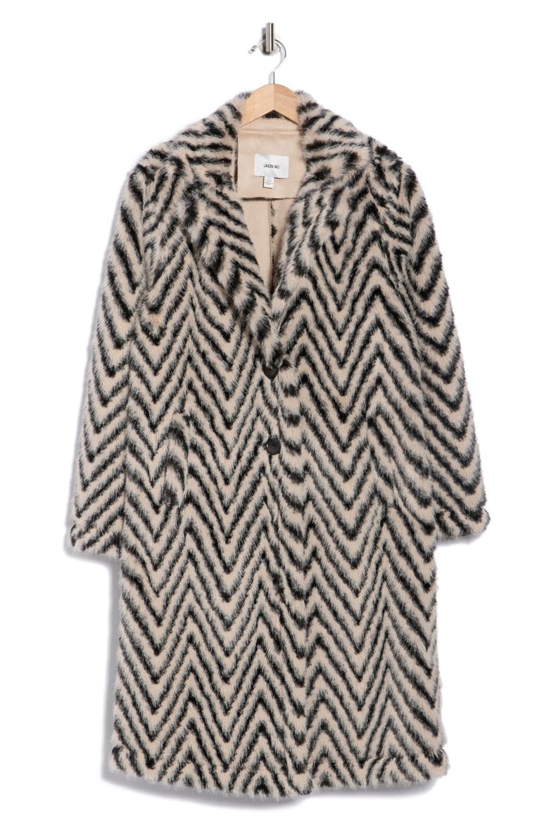 Chevron Faux Fur Coat, Alternate, color, IVORY/ LIGHT BEIGE/ BLACK