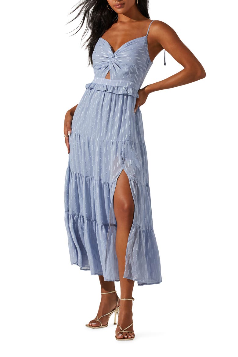 Jacquard Tiered Midi Dress, Main, color, DUSTY BLUE