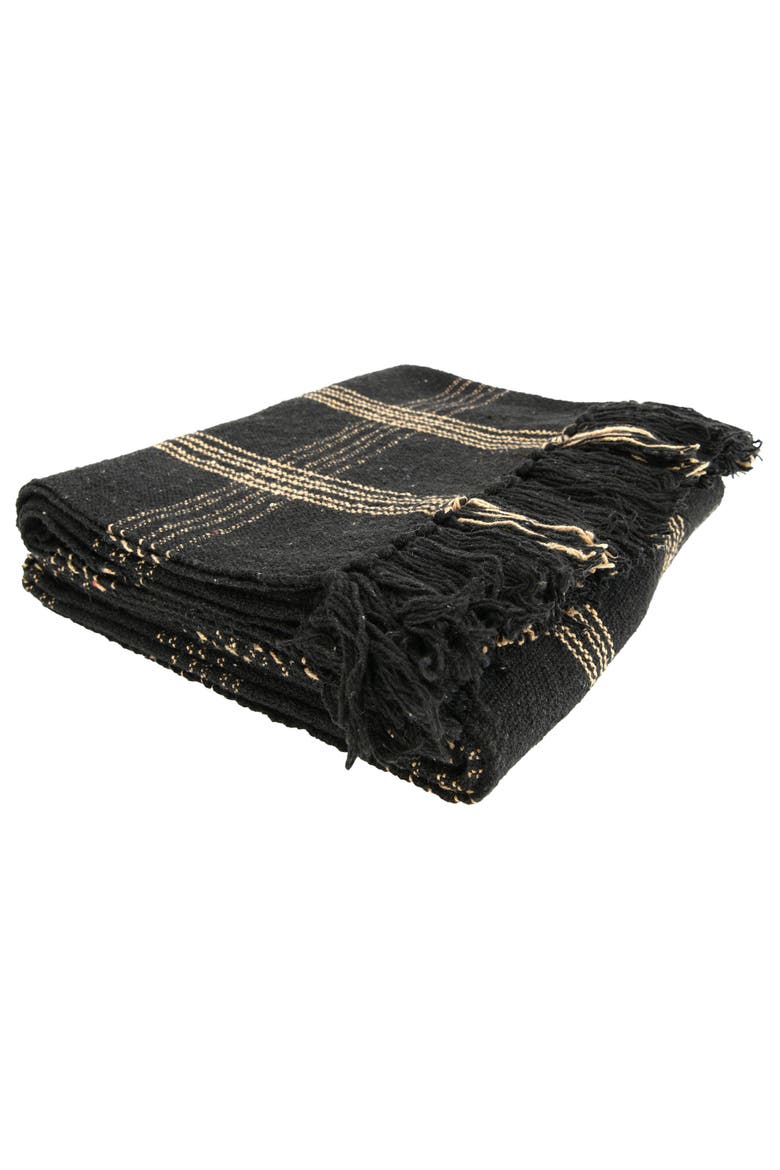 Soft Woven Reclaimed Cotton Blend Throw with Fringe, Black and Tan Plaid, Alternate, color, Black