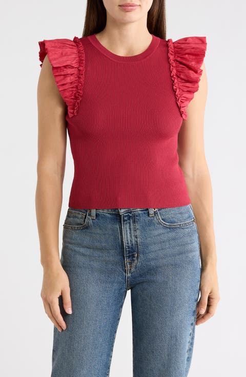 Ruffle Mixed Media Rib Sweater