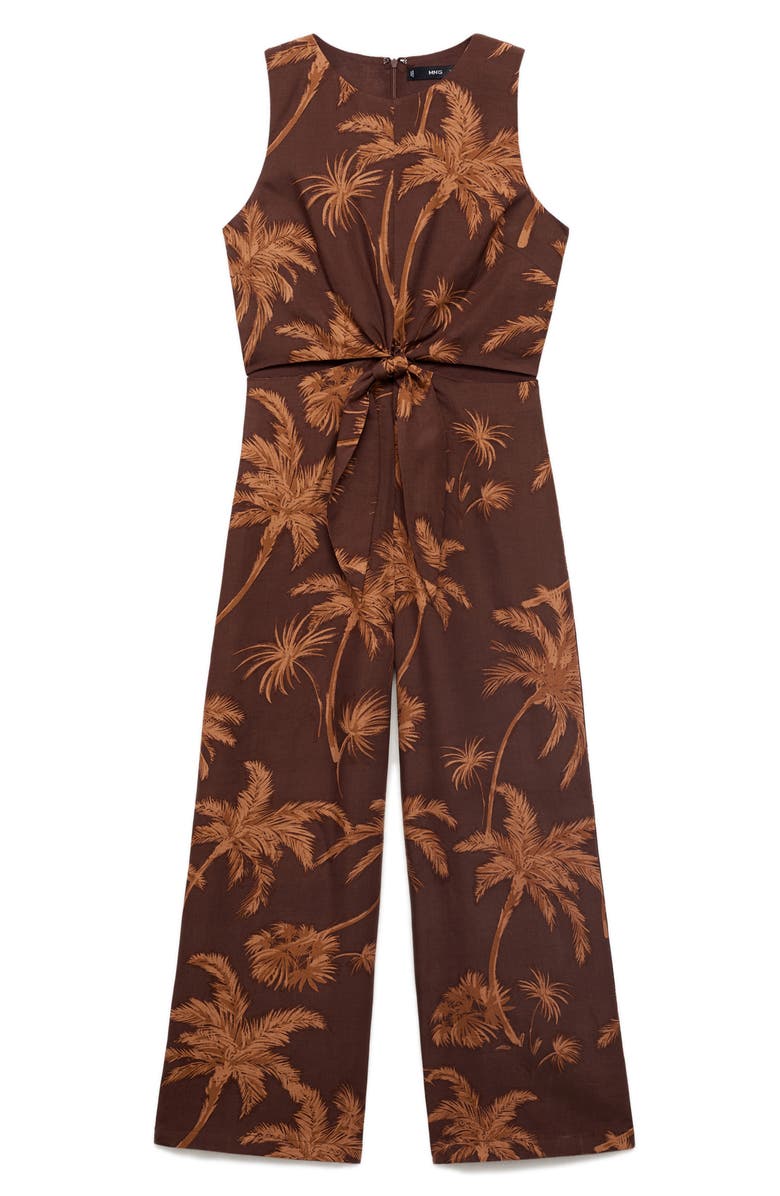 MANGO Tie Front Cutout Jumpsuit, Alternate, color, Brown