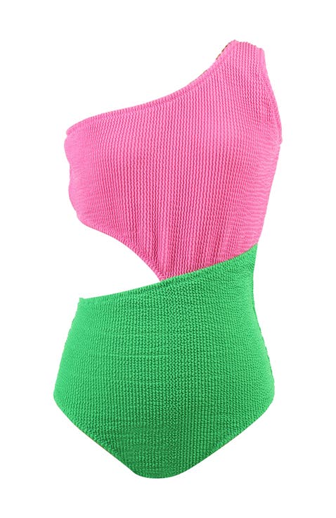 Textured Neon Color-Block One-Shoulder  with Side Cutout One-Piece Swimsuit