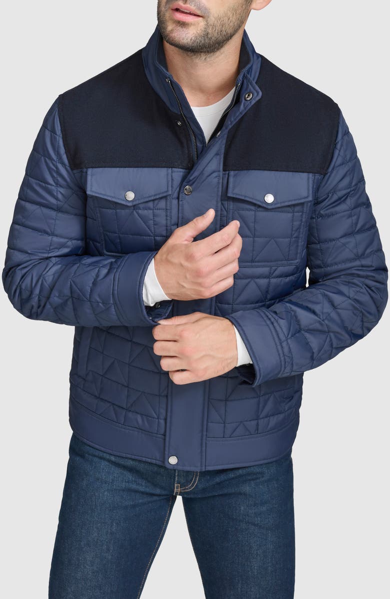 Cole Haan Mixed Media Quilted Jacket, Main, color, Navy