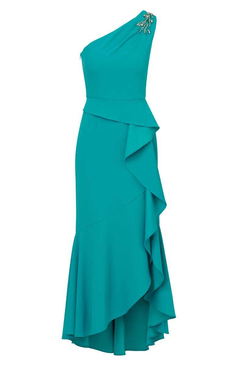 Adrianna Papell Beaded One-Shoulder Crepe Gown, Alternate, color, Teal Lagoon