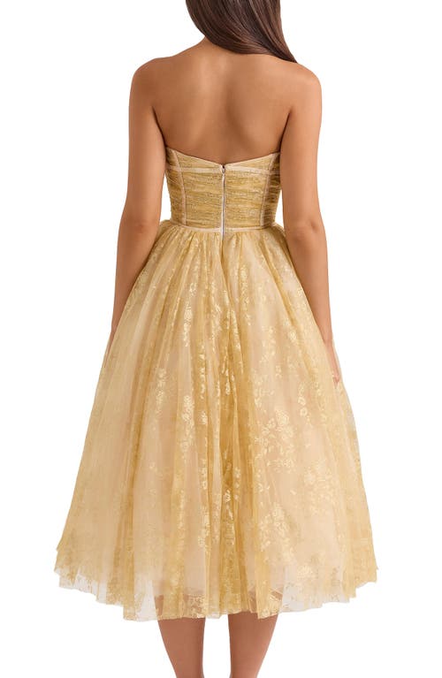 House Of Cb Madame Metallic Gathered Strapless Midi Dress In Peach Dust