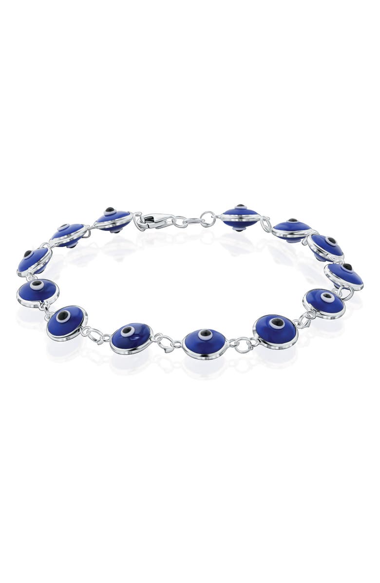 BEST SILVER Evil Eye Enamel Station Bracelet, Main, color, Silver/Blue