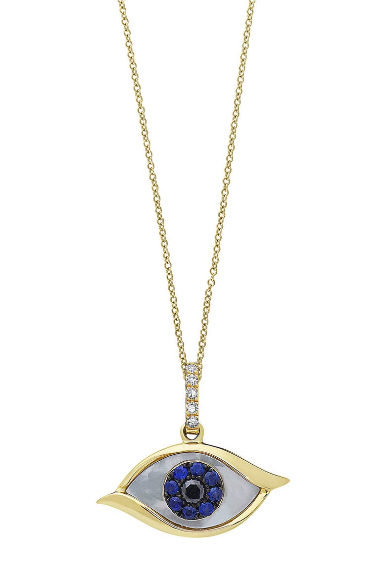 14K Yellow Gold Pave Diamond & Mother of Pearl Evil Eye Pendant Necklace - 0.07 ctw, Main, color, BLACK