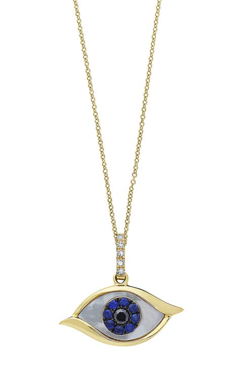 14K Yellow Gold Pave Diamond & Mother of Pearl Evil Eye Pendant Necklace - 0.07 ctw