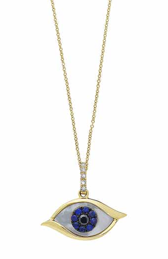 14K Yellow Gold Pave Diamond & Mother of Pearl Evil Eye Pendant Necklace - 0.07 ctw