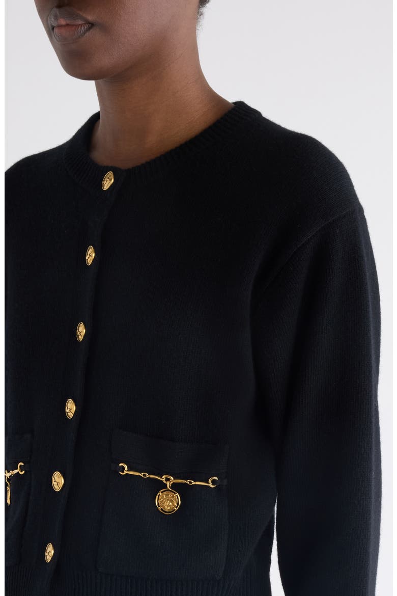 Horse Capsule Medal Button Merino Wool & Cashmere Cardigan, Alternate, color, BLACK