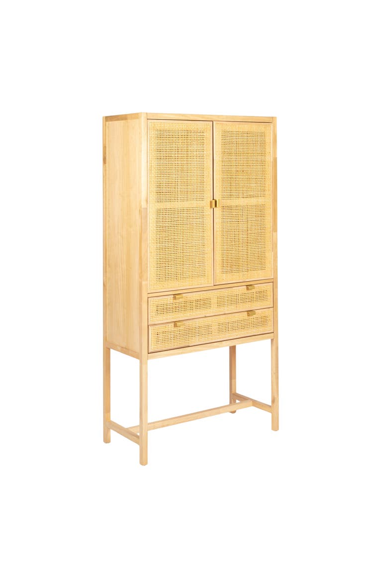 Woven Cane and Wood Cabinet with Doors and Drawers, Natural, Main, color, Natural