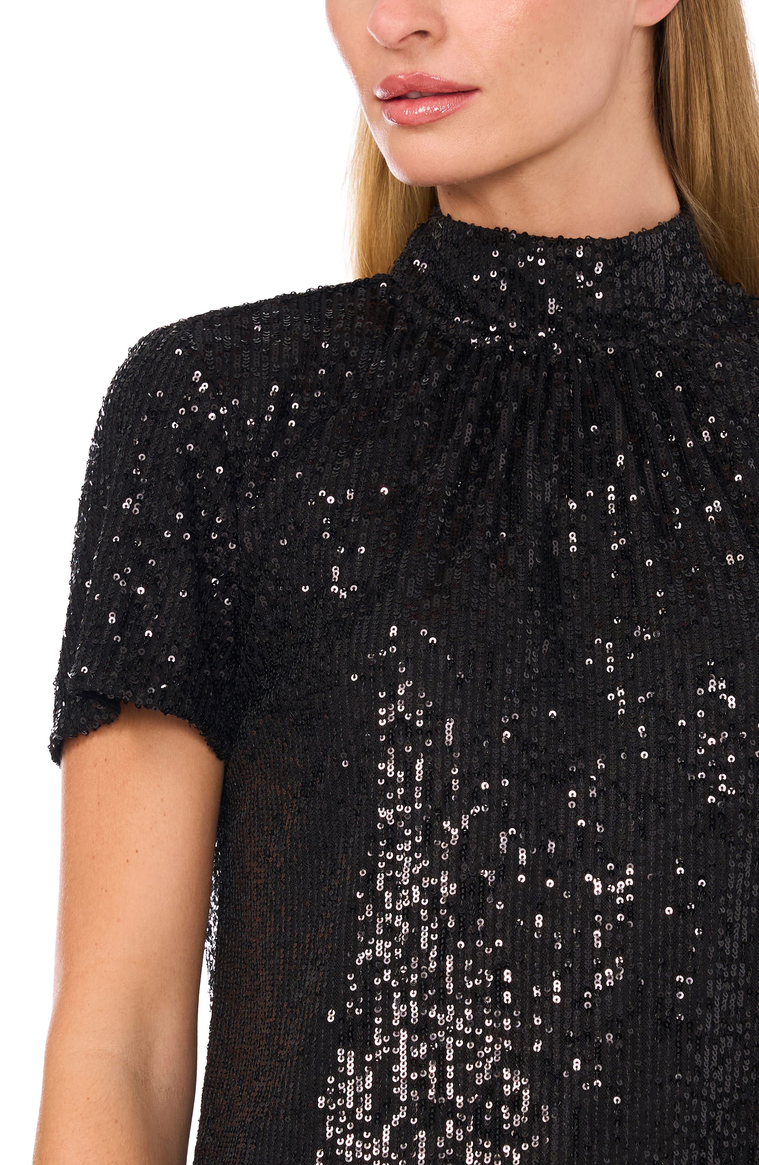 Sequin Mock Neck Long Sleeve Mesh Top in Orange