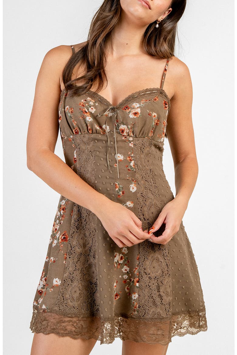 Floral Print Lace & Chiffon Minidress, Alternate, color, MUSHROOM