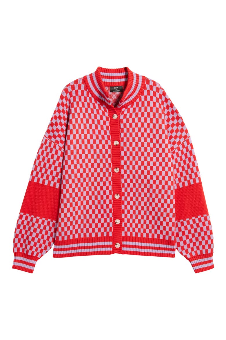 Grandpa Double Knit Jacquard Cardigan, Alternate, color, RED + PURPLE