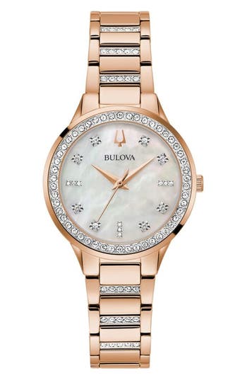 Bulova Mother-of-pearl & Crystal Bracelet Watch, 30mm In Gold