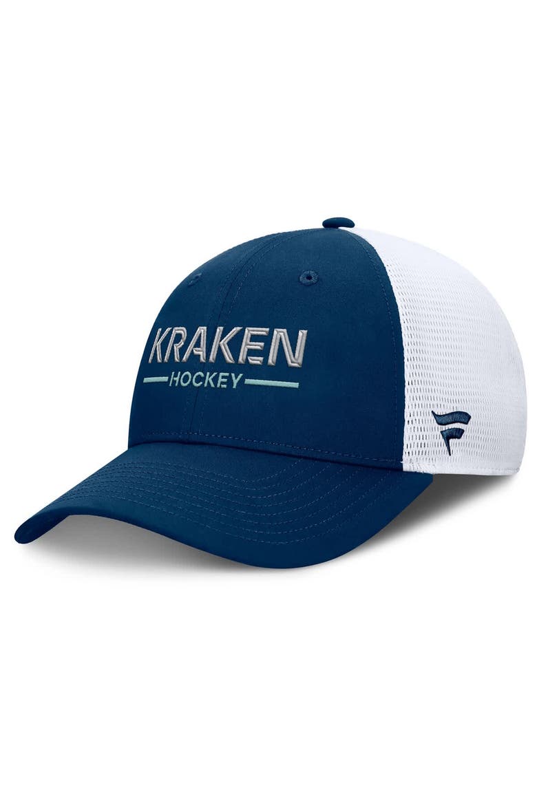 Men's Fanatics Deep Sea Blue/White Seattle Kraken Authentic Pro Rink Lockup Adjustable Trucker Hat, Main, color, Blue