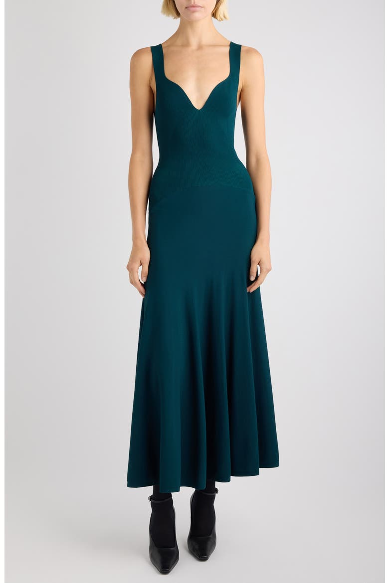 Mixed Media Fit & Flare Rib Sweater Dress, Main, color, PETROLE FONCE