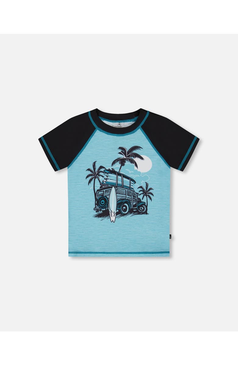Deux par Deux Little Boy's Short Sleeve Rashguard Light Blue And Black, Main, color, Light Blue And Black