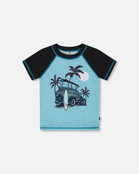Little Boy's Short Sleeve Rashguard Light Blue And Black