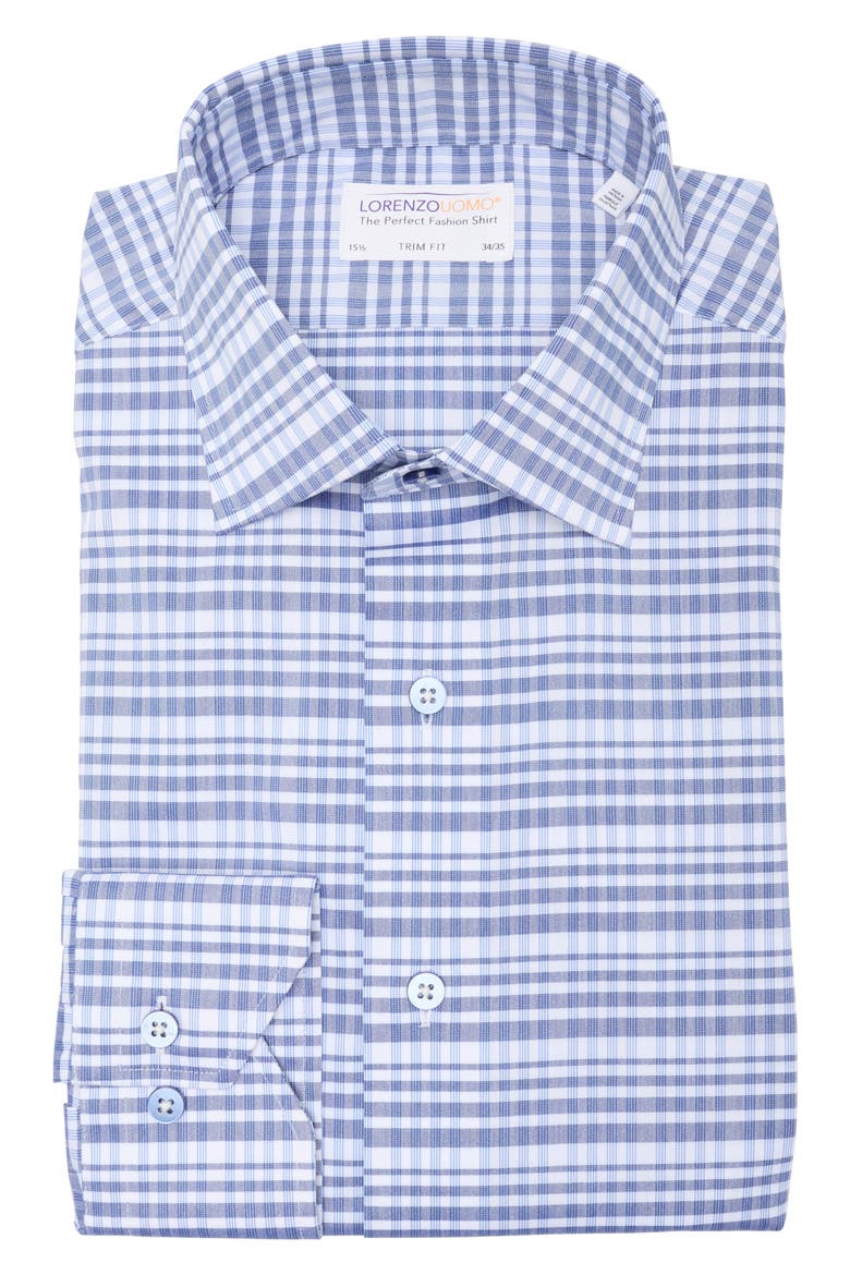Trim Fit Plaid Cotton Blend Dress Shirt, Alternate, color, NAVY