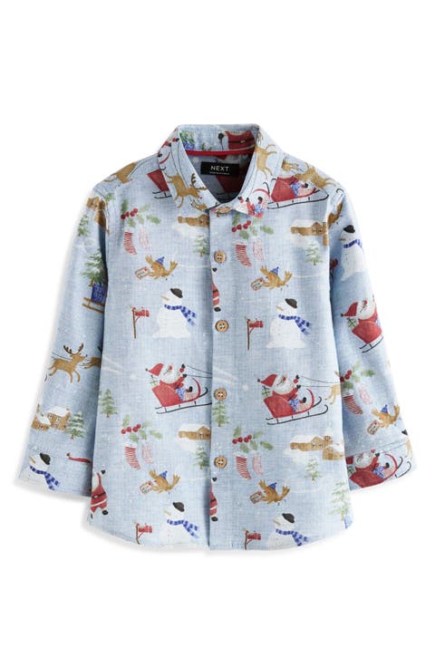 Kids' Santa Print Cotton Button-Up Shirt (Little Kid)