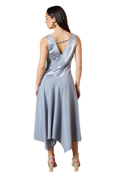 Oasis V-neck Mesh Asymmetric Midi Dress In Blue